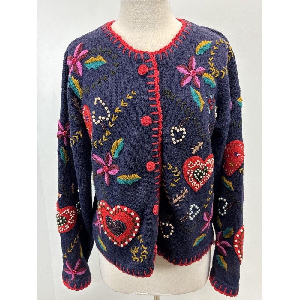 Vtg Segue Knit Cardigan Sweater Women's L Blue Hearts Beaded Embroidered VDay